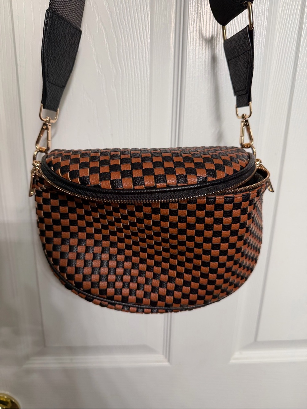 Woven Check Leather Crossbody Bag in Brown & Black